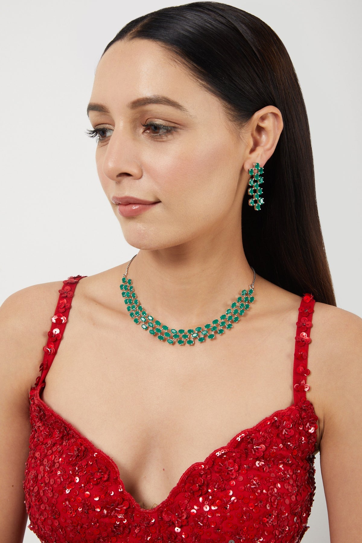 White Finish Green Drop Stones & Zircon Necklace Set