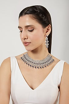 White Finish Blue Stone & Zircons Choker Necklace Set