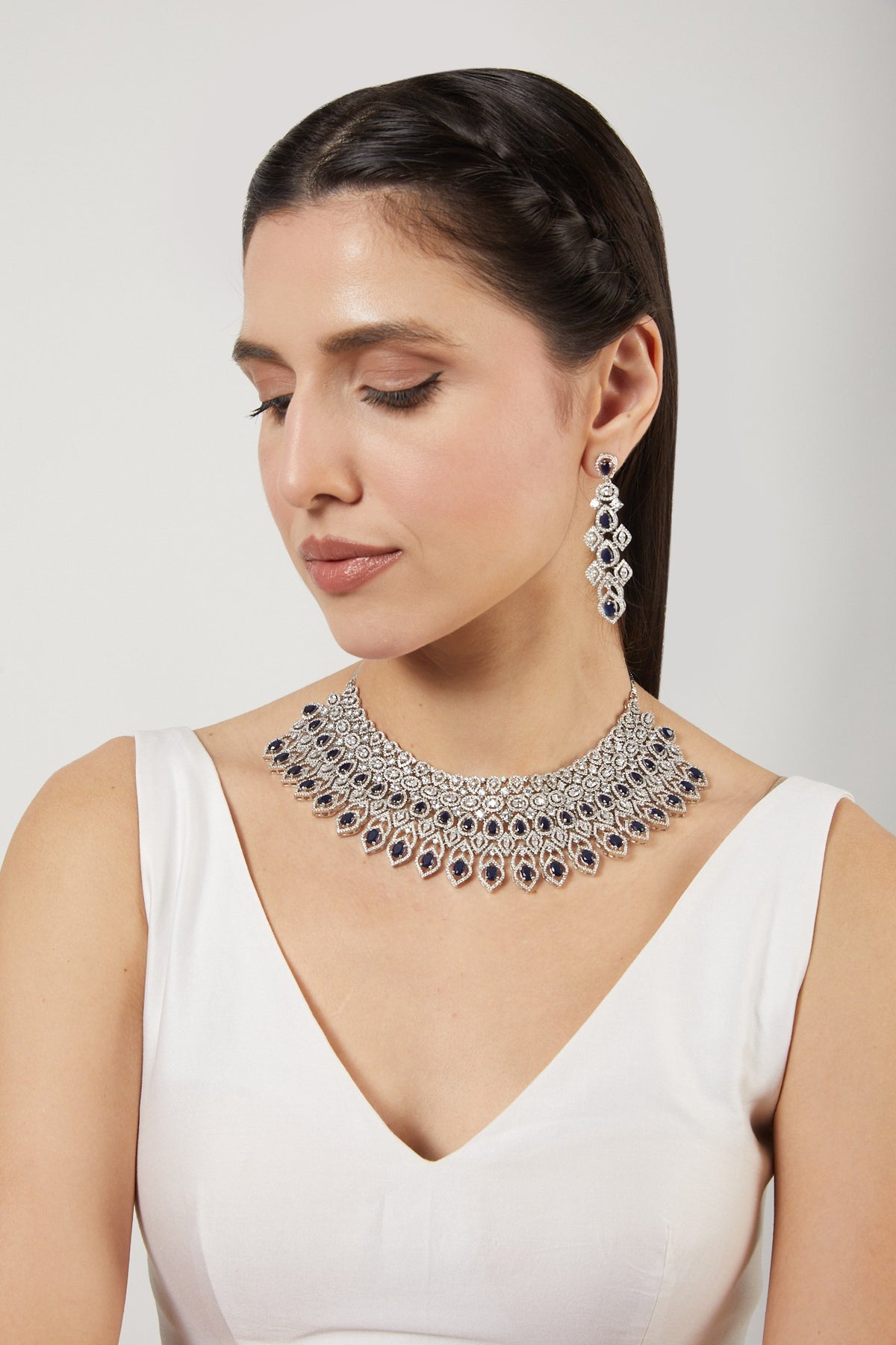 White Finish Blue Stone & Zircons Choker Necklace Set