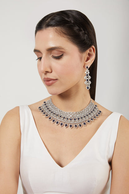 White Finish Blue Stone & Zircons Choker Necklace Set