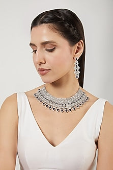 White Finish Blue Stone & Zircons Choker Necklace Set