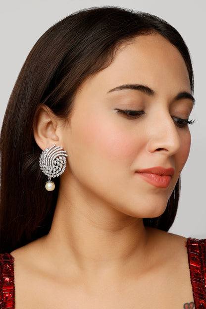White Finish Zircon & Pearl Dangler Earrings