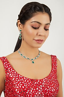 White Finish Green Stones Necklace Set