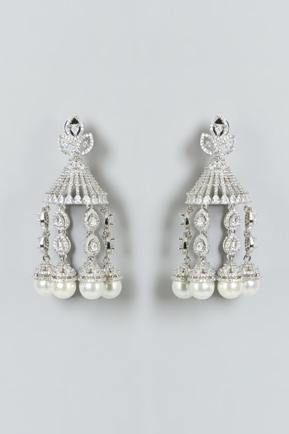 White Finish Zircon & Pearl Dangler Earrings
