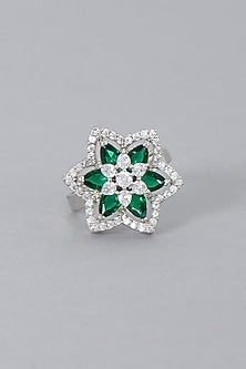 White Finish Zircon & Green Synthetic Stone Ring