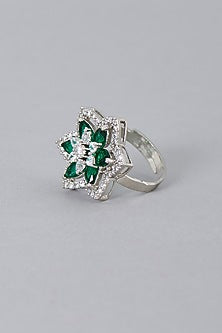 White Finish Zircon & Green Synthetic Stone Ring