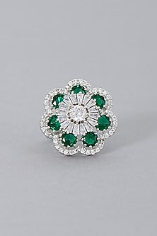 White Finish Zircon & Emerald Synthetic Stone Ring
