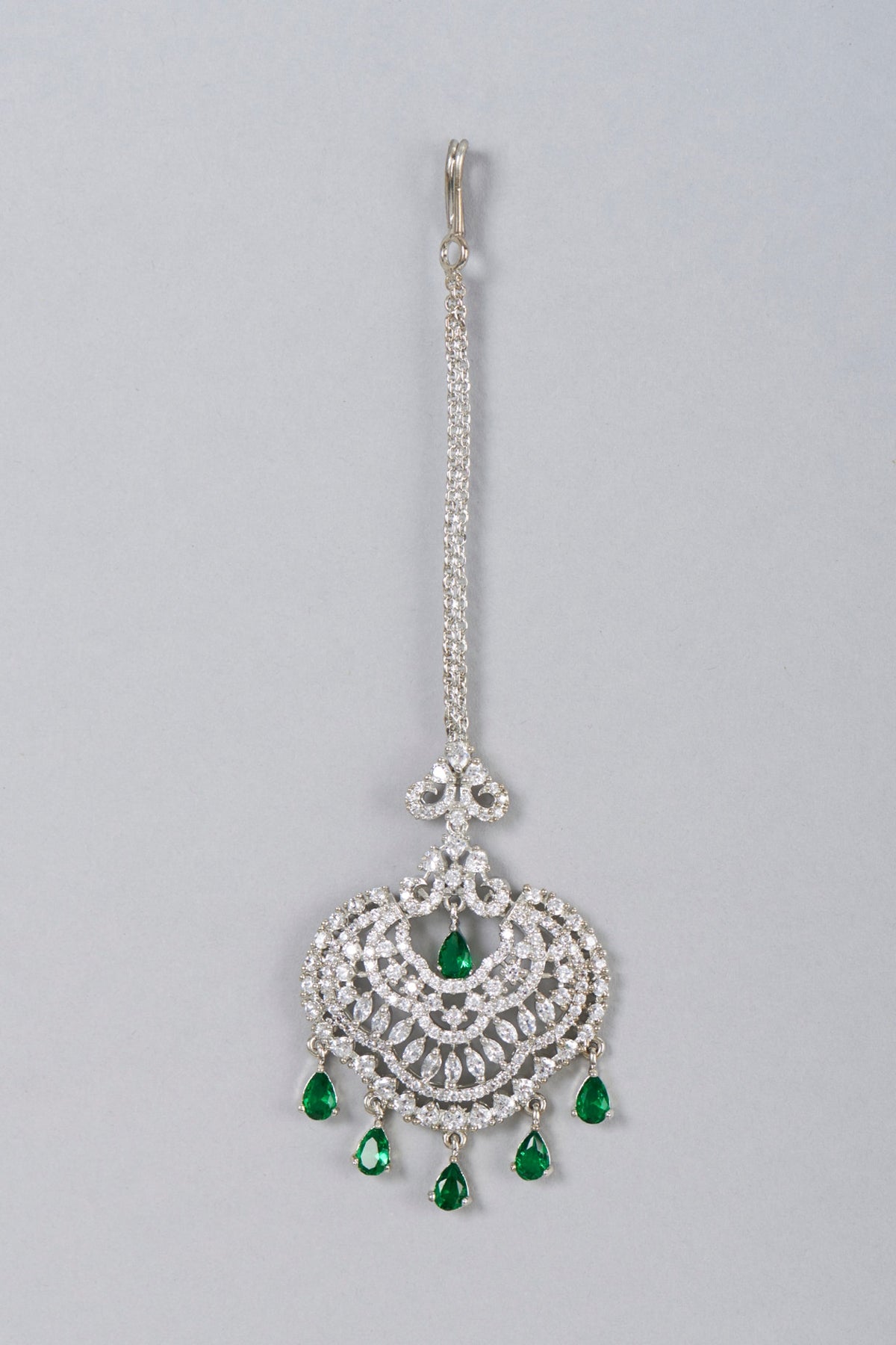 White Finish Green Stone Maangtikka