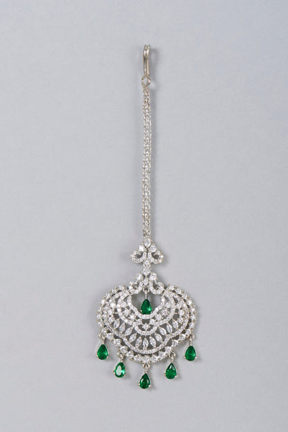 White Finish Green Stone Maangtikka