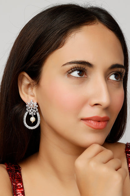 White Finish Pearls & Zircon Dangler Earrings