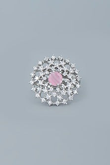 White Finish Pink Synthetic Stone & Zircon Ring