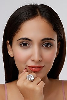 White Finish Pink Synthetic Stone & Zircon Ring