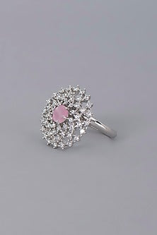 White Finish Pink Synthetic Stone & Zircon Ring