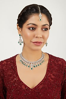 White Finish Zircon & Green Synthetic Stone Necklace Set
