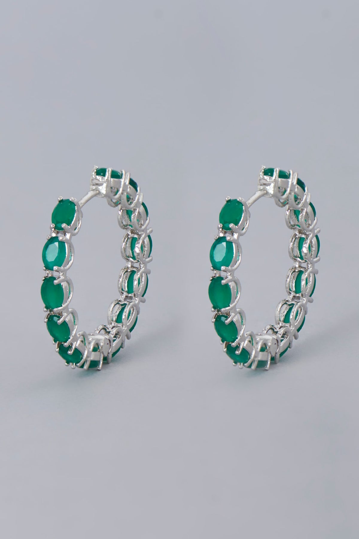 White Finish Green Synthetic Stone Hoop Earrings
