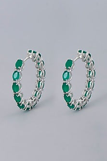 White Finish Green Synthetic Stone Hoop Earrings