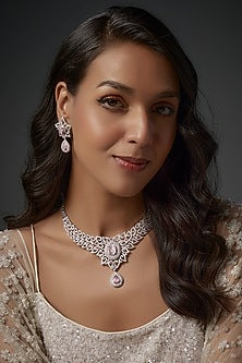 White Finish Zircon & Pink Stone Necklace Set