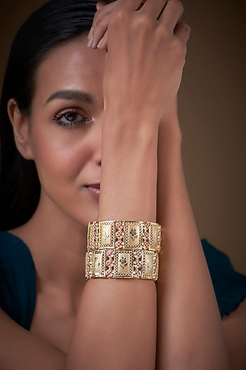 Gold Finish Zircon & Red Stone Bangles (Set of 2)