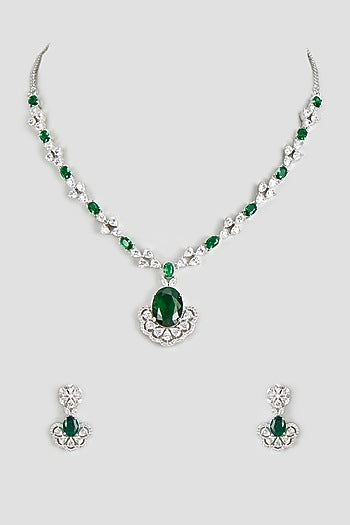 White Finish Zircon & Green Stone Necklace Set