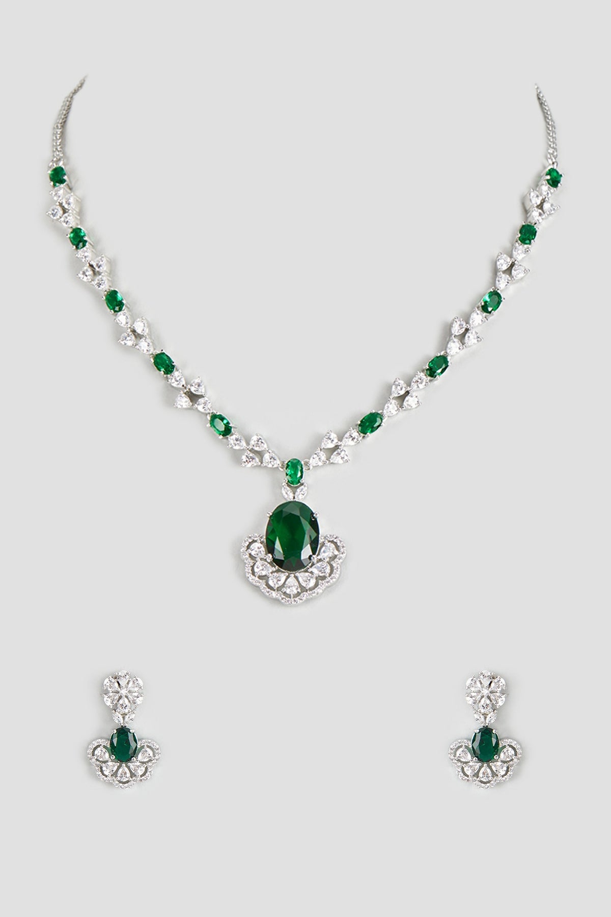 White Finish Zircon & Green Stone Necklace Set