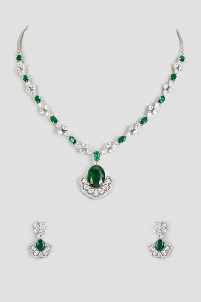 White Finish Zircon & Green Stone Necklace Set