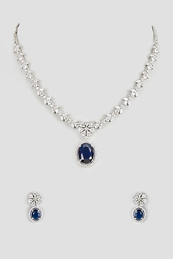 White Finish Zircon & Blue Stone Necklace Set