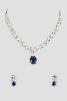 White Finish Zircon & Blue Stone Necklace Set