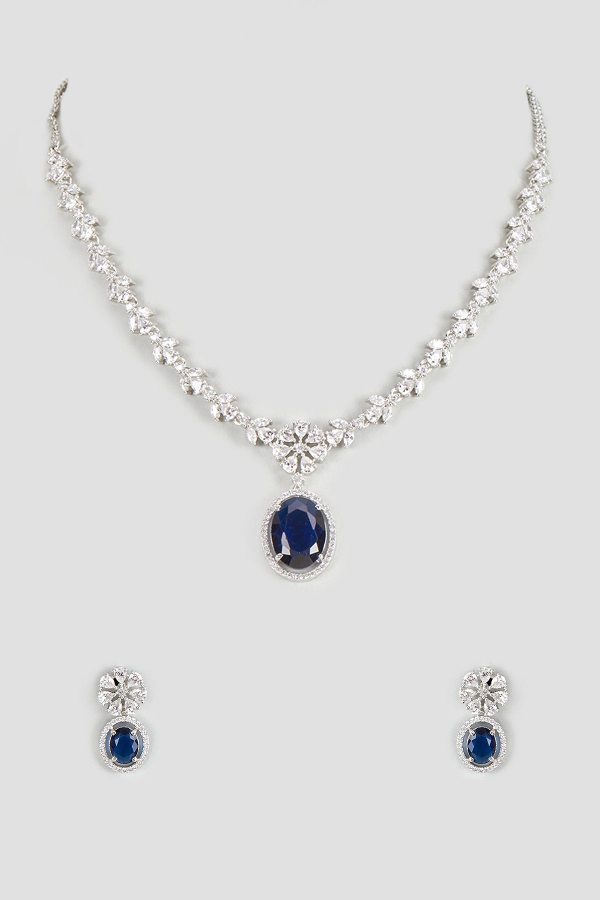White Finish Zircon & Blue Stone Necklace Set