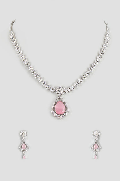 White Finish Zircon & Pink Stone Necklace Set
