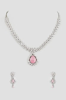 White Finish Zircon & Pink Stone Necklace Set
