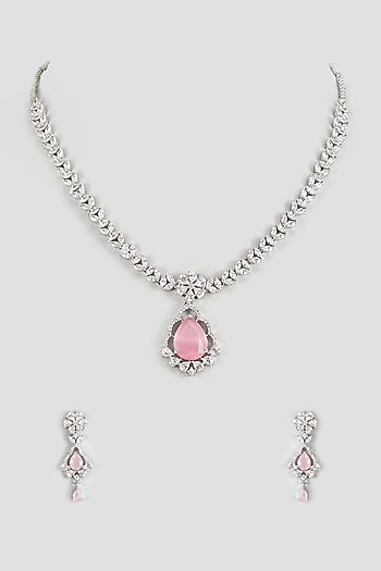 White Finish Zircon & Pink Stone Necklace Set