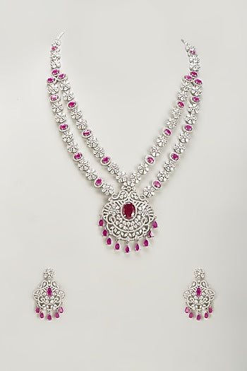 White Finish Zircon & Red Stone Long Necklace Set