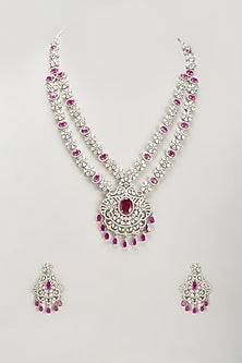 White Finish Zircon & Red Stone Long Necklace Set