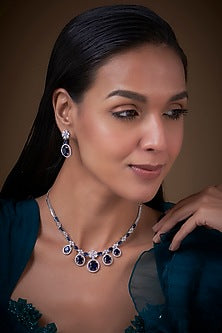 White Finish Zircon & Blue Stone Necklace Set