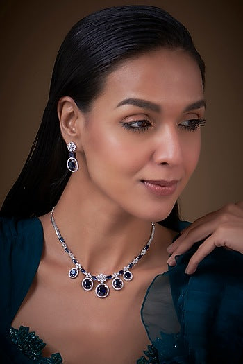 White Finish Zircon & Blue Stone Necklace Set