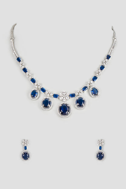 White Finish Zircon & Blue Stone Necklace Set