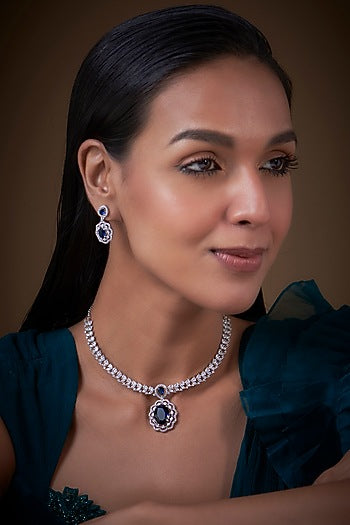 White Finish Zircon & Blue Stone Necklace Set