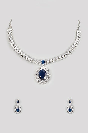 White Finish Zircon & Blue Stone Necklace Set
