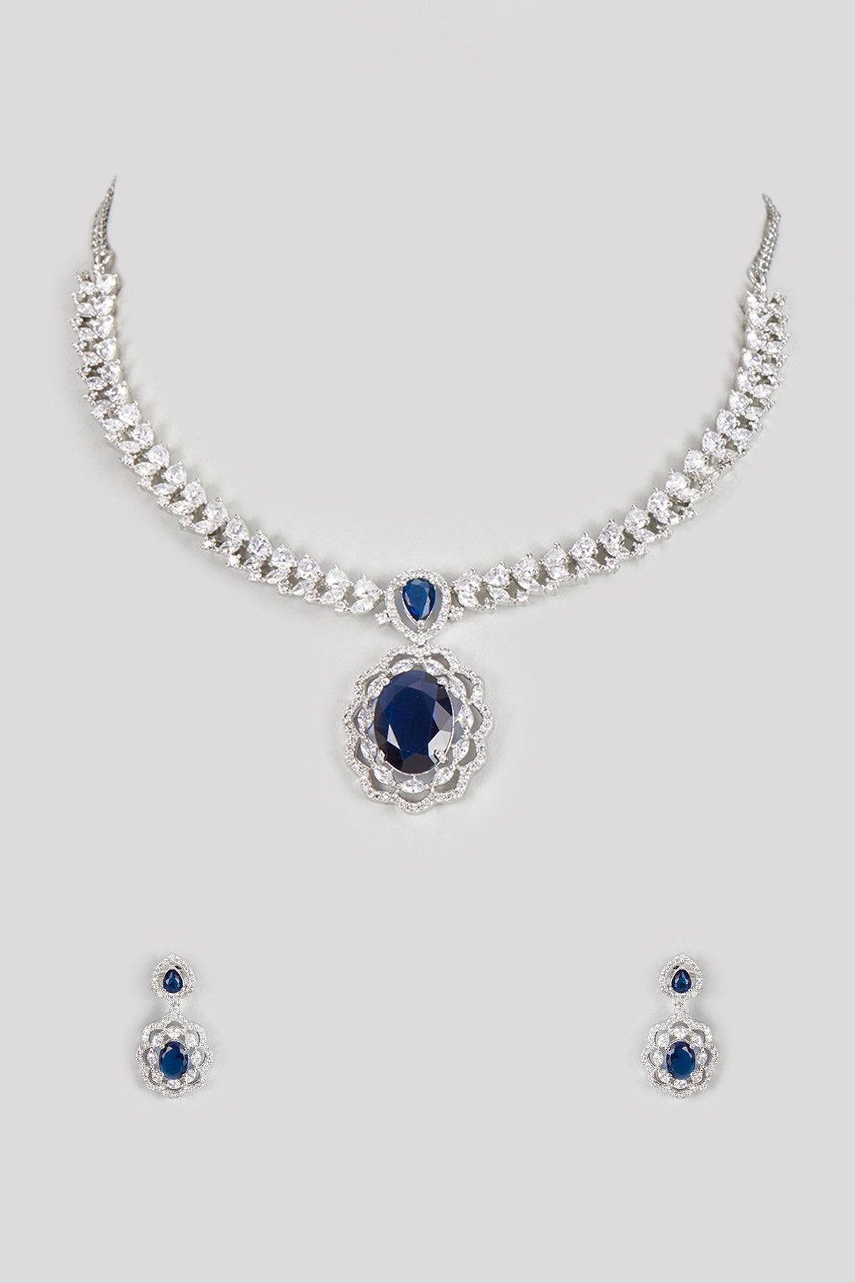 White Finish Zircon & Blue Stone Necklace Set