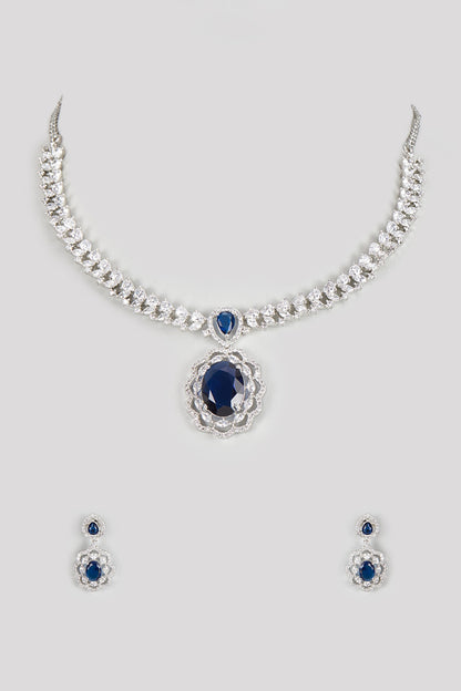White Finish Zircon & Blue Stone Necklace Set