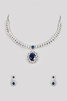 White Finish Zircon & Blue Stone Necklace Set