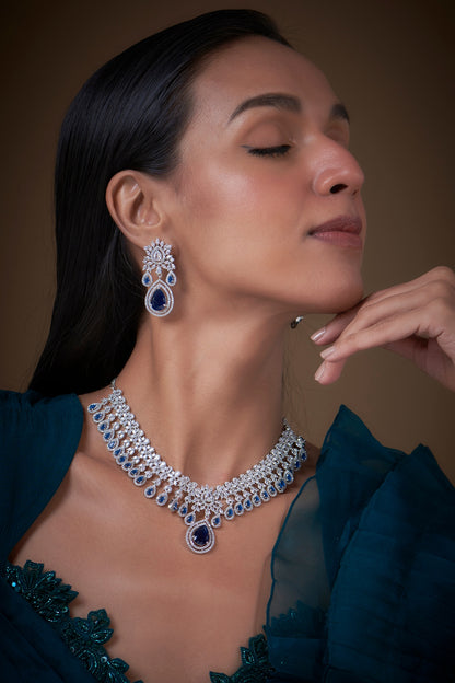 White Finish Zircon & Blue Stone Necklace Set