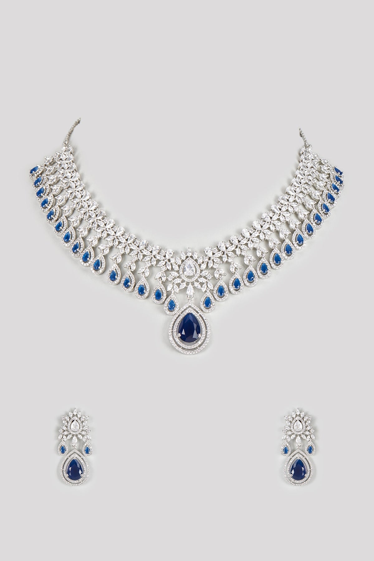 White Finish Zircon & Blue Stone Necklace Set
