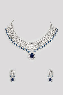 White Finish Zircon & Blue Stone Necklace Set