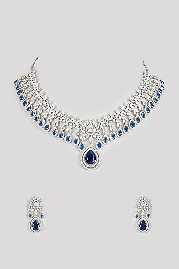 White Finish Zircon & Blue Stone Necklace Set
