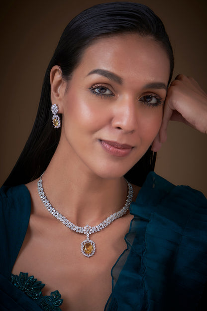 White Finish Zircon & Yellow Stone Necklace Set