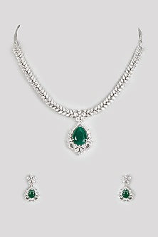 White Finish Zircon & Green Stone Necklace Set