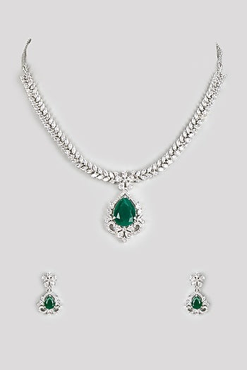 White Finish Zircon & Green Stone Necklace Set