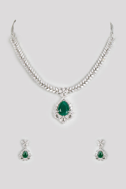 White Finish Zircon & Green Stone Necklace Set