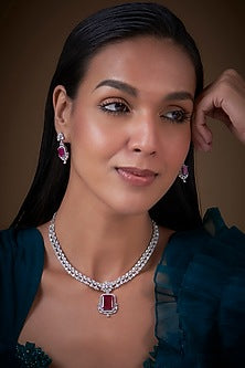 White Finish Zircon &Red Stone Necklace Set